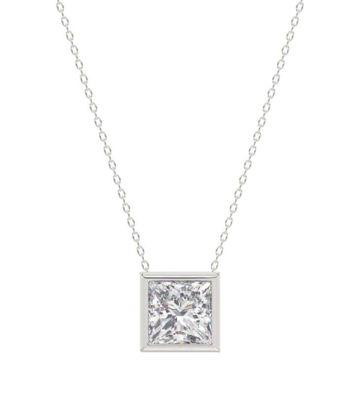 LADIES SOLITAIRE PENDANT 1CT PRINCESS DIAMOND 14K WHITE GOLD WITH CHAIN