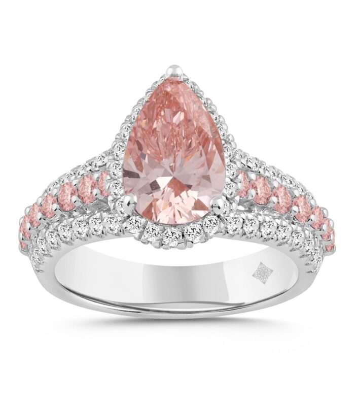 ETERNAL BLUSH COLLECTION LADIES RING 3 1/4CT ROUND/PEAR DIAMOND 14K WHITE GOLD (CENTER STONE PINK PEAR DIAMOND 2CT)