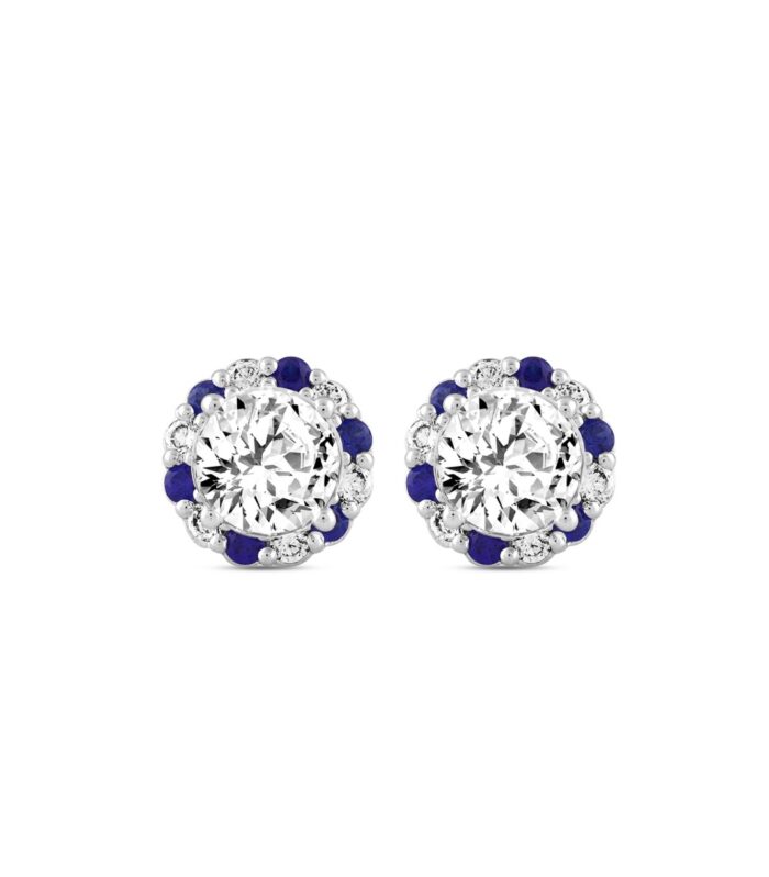 14K WHITE GOLD 2 5/8CT ROUND/ ROUND BLUE SAPPHIRE DIAMOND LADIES EARRING (CENTER STONE ROUND DIAMOND 2CT)
