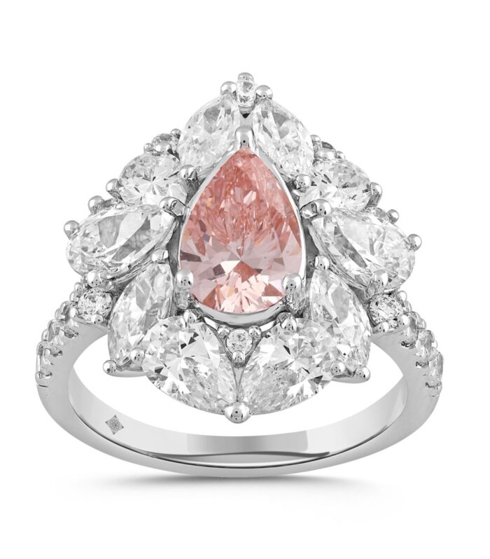 ETERNAL BLUSH COLLECTION 14K WHITE GOLD 4 1/2CT ROUND/PEAR/MARQUISE DIAMOND LADIES RING (CENTER STONE PINK PEAR DIAMOND 2.00CT)