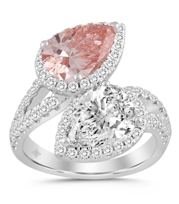 ETERNAL BLUSH COLLECTION LADIES RING 4 3/4CT ROUND/PEAR DIAMOND 14K WHITE GOLD (CENTER STONE PINK PEAR DIAMOND 2CT)