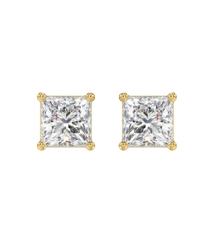 LADIES SOLITAIRE EARRINGS 4CT PRINCESS DIAMOND 14K YELLOW GOLD