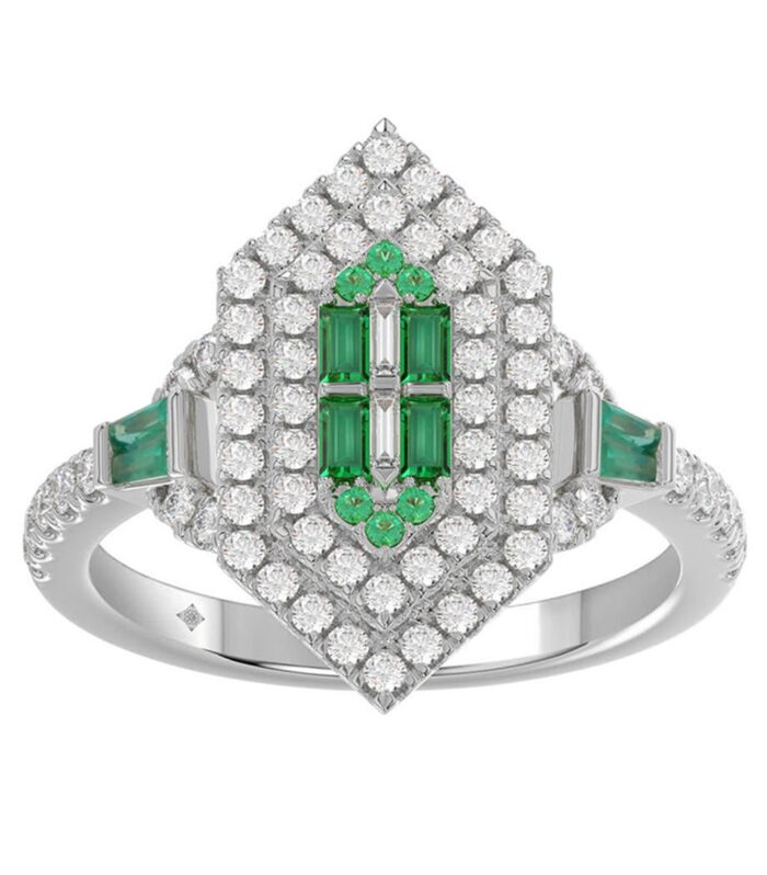 14K WHITE GOLD 1 1/6CT ROUND/BAGUETTE/EMERALD DIAMOND LADIES RING (GREEN EMERALD BAGUETTE DIAMOND 1/6CT)