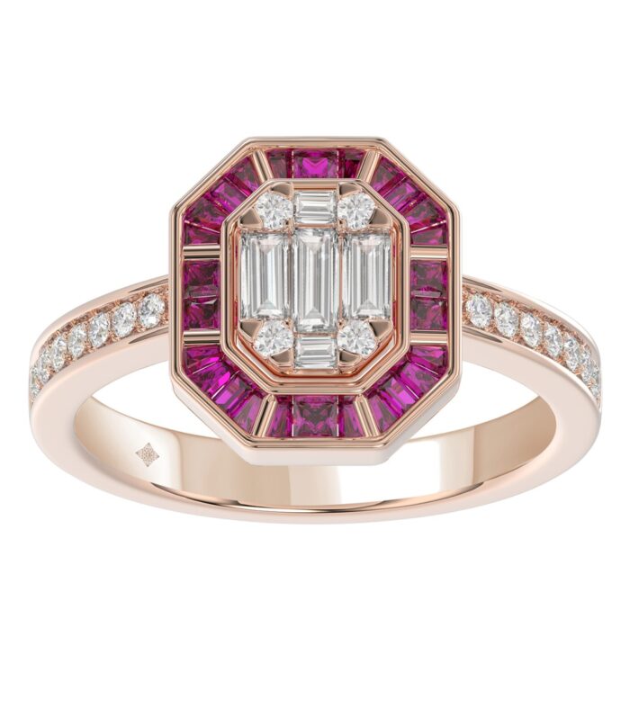LADIES RING 3/4CT ROUND/BAGUETTE/PRINCESS TRAPEZOID RUBY DIAMOND 14K ROSE GOLD