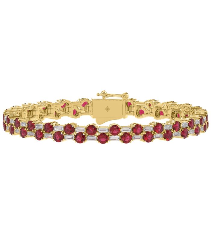 14K YELLOW GOLD 9.00CT BAGUETTE/ROUND RUBY DIAMOND LADIES BRACELET (ROUND RUBY 7 3/4CT)