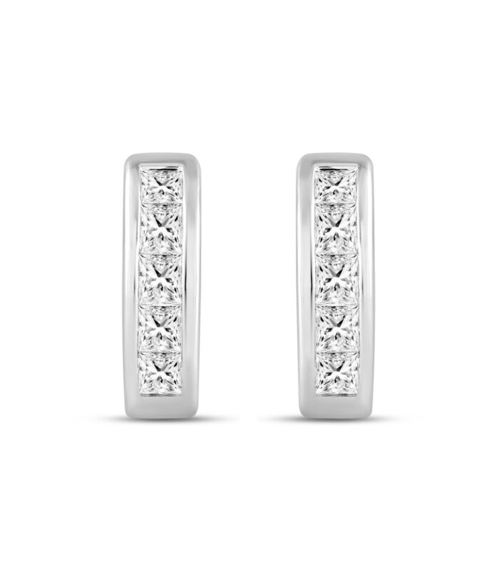 LADIES HOOPS EARRINGS 1.00CT PRINCESS DIAMOND 14K WHITE GOLD