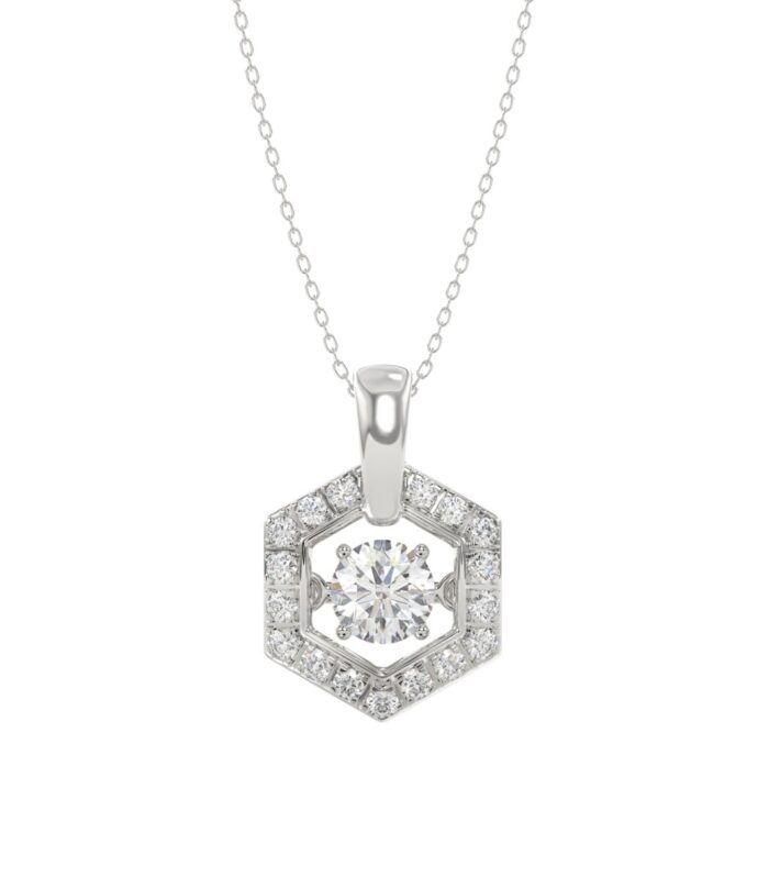 LADIES DANCING DIAMOND PENDANT WITH CHAIN 1/2CT ROUND DIAMOND 14K WHITE GOLD (CENTER STONE ROUND DIAMOND 1/3CT)