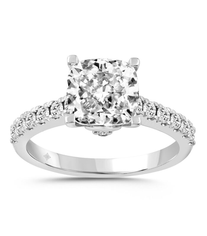 14K WHITE GOLD 2 1/2CT ROUND/CUSHION DIAMOND LADIES RING (CENTER STONE CUSHION DIAMOND 2CT)