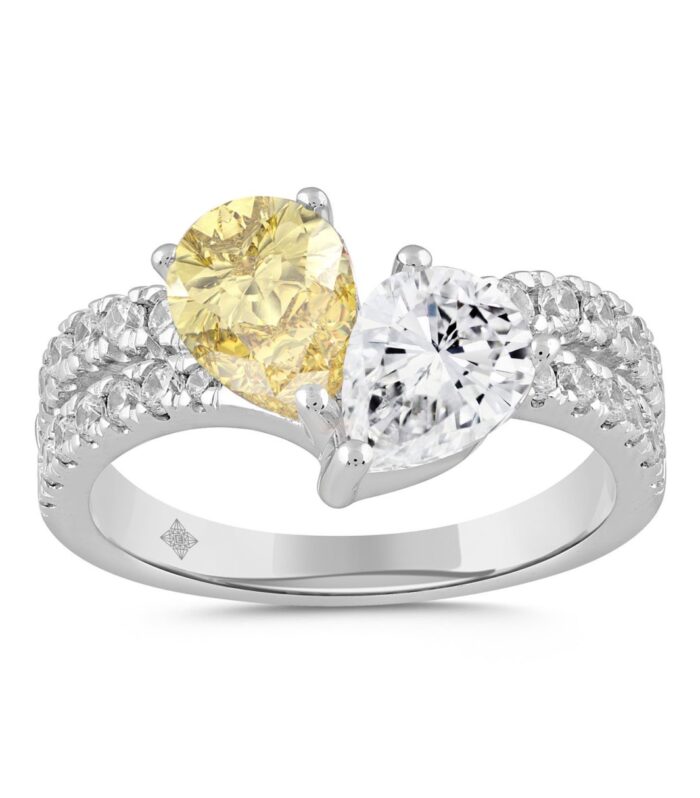 14K WHITE GOLD 2.00CT ROUND/PEAR DIAMOND LADIES RING (CENTER STONE YELLOW PEAR DIAMOND 3/4CT)