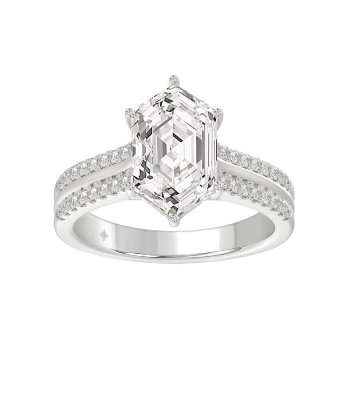 14K WHITE GOLD 3 1/4CT ROUND/HEXAGON DIAMOND LADIES RING (CENTER STONE HEXAGON STEP CUT DIAMOND 3CT