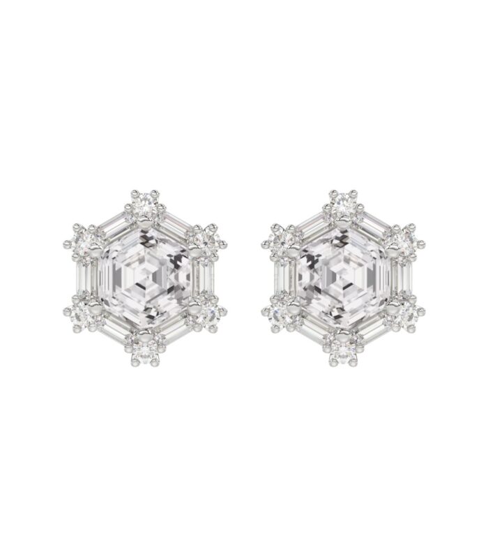 14K WHITE GOLD 1 1/4CT ROUND/BAGUETTE/HEZAGON STEP CUT DIAMOND LADIES EARRINGS