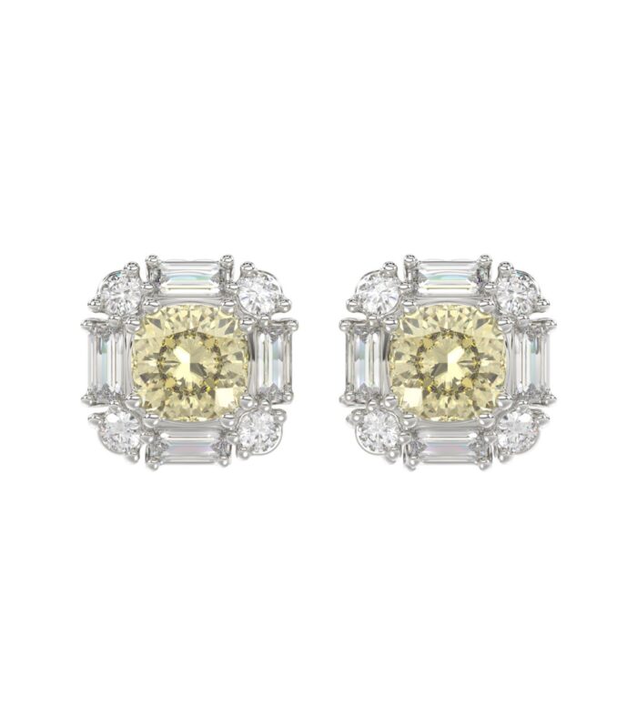 14K WHITE GOLD CRAFTED WITH 18K YELLOW GOLD BACK PLATE 1 1/3CT ROUND/BAGUETTE/YELLOW CUSHION DIAMOND LADIES EARRINGS