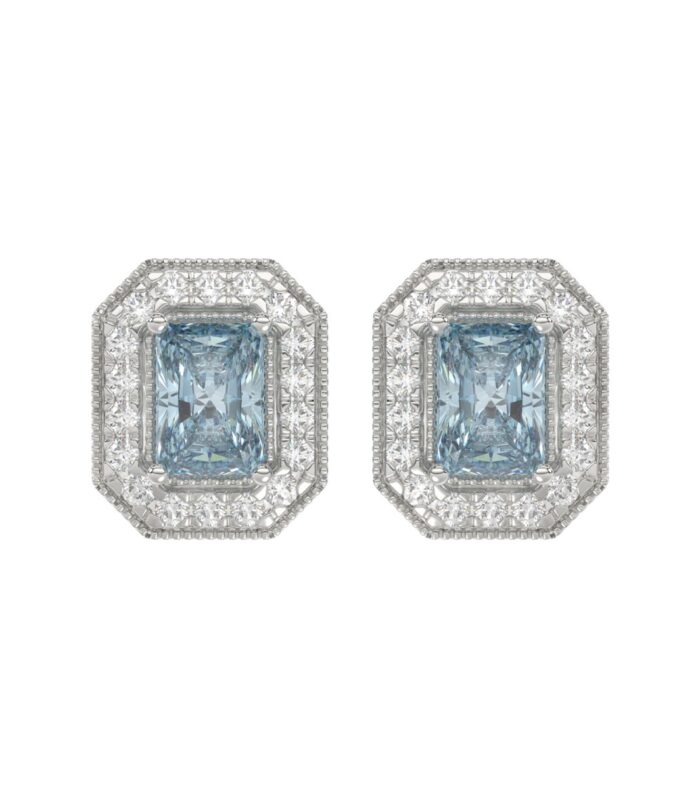 14K WHITE GOLD CRAFTED WITH 18K YELLOW GOLD BACK PLATE 1 1/4CT ROUND/BLUE EMERALD DIAMOND LADIES EARRINGS