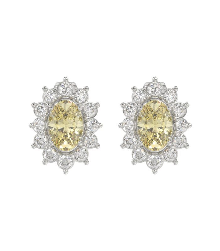 14K WHITE GOLD CRAFTED WITH 18K YELLOW GOLD BACK PLATE 1 1/2CT ROUND/YELLOW OVAL DIAMOND LADIES EARRINGS