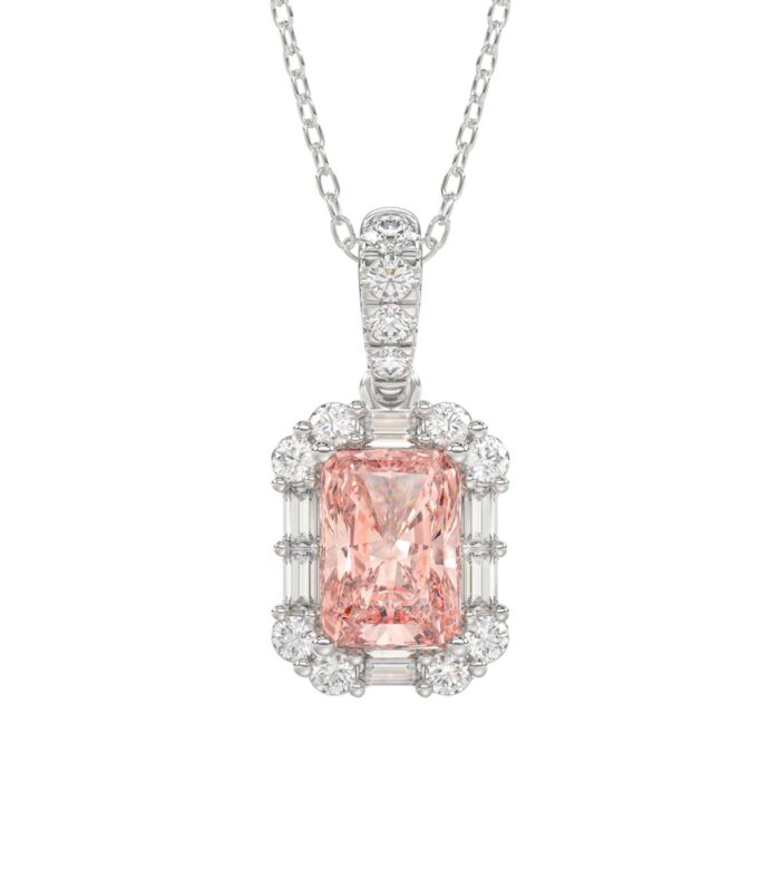 14K WHITE GOLD CRAFTED WITH 18K YELLOW GOLD BACK PLATE 1 1/4CT ROUND/BAGUETTE/PINK RADIANT DIAMOND LADIES PENDANT WITH CHAIN