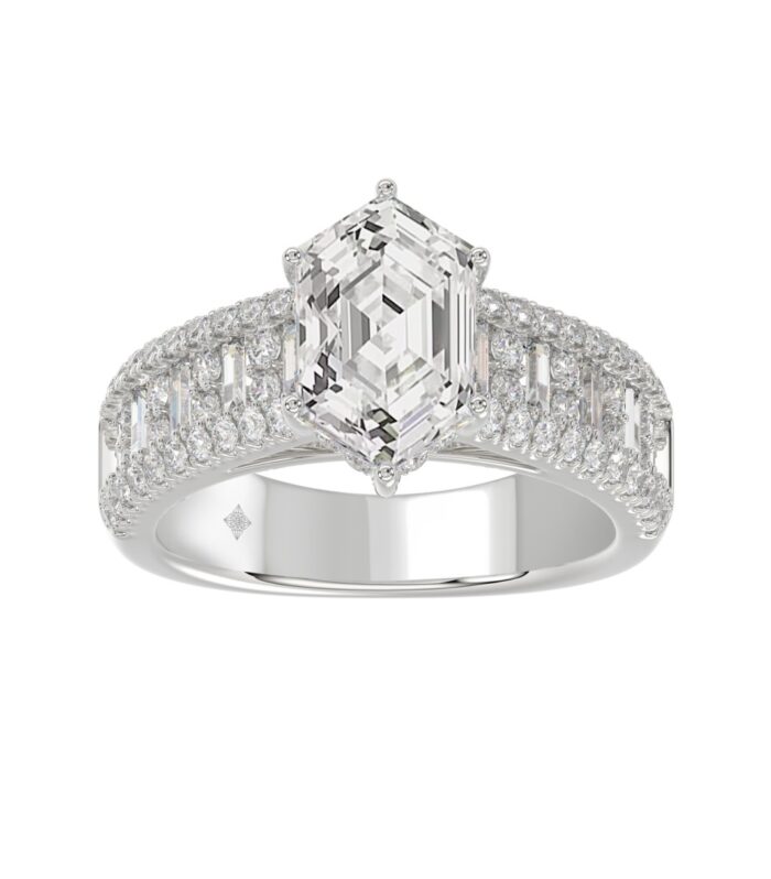 14K WHITE GOLD 3 1/2CT ROUND/BAGUETTE/HEXAGON DIAMOND LADIES RING