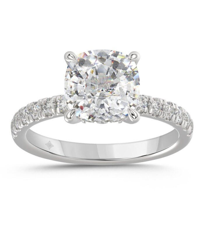 14K WHITE GOLD 3 1/2CT ROUND/CUSHION DIAMOND LADIES RING (CENTER STONE CUSHION DIAMOND 3CT)